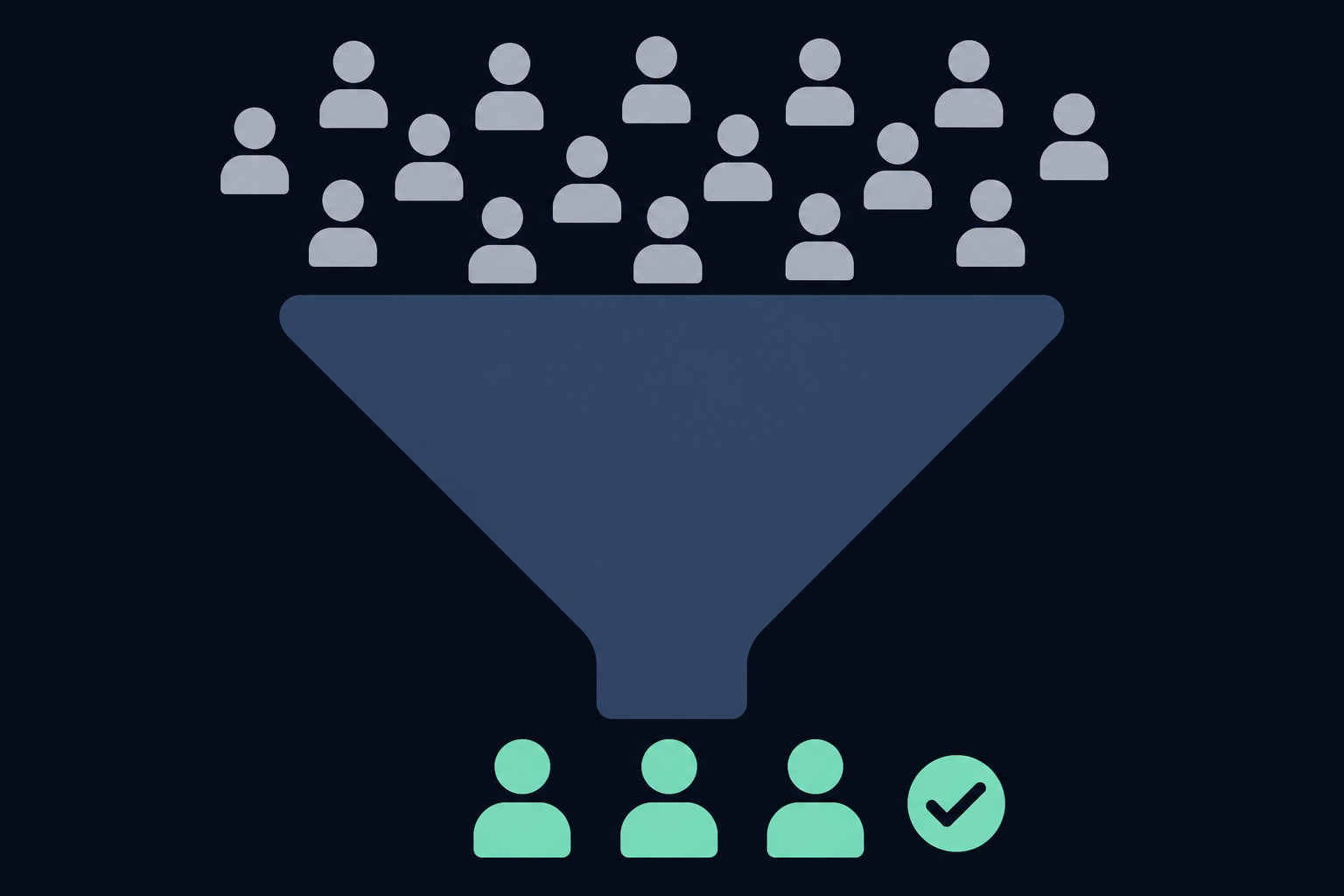 Illustration: a crowd of visitors entering a funnel, with only three coming out as customers