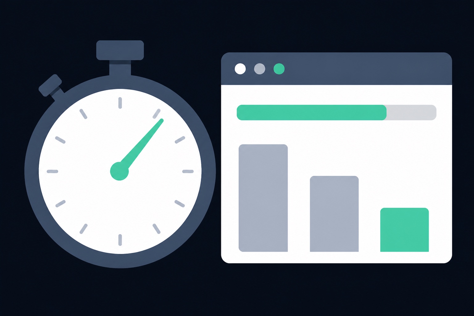 Illustration: a stopwatch beside a browser window with a loading bar and falling load-time bars