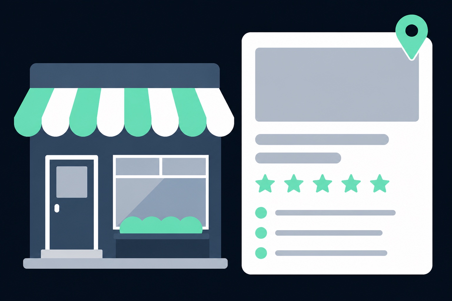 Illustration: a shopfront beside its business listing card showing photos, a star rating and details