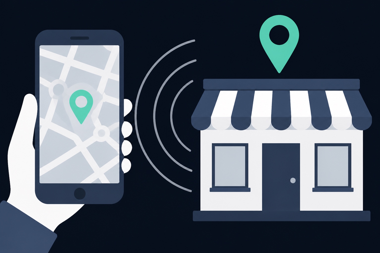 Illustration: someone holding a phone showing a map, connected to a nearby shopfront marked with a pin