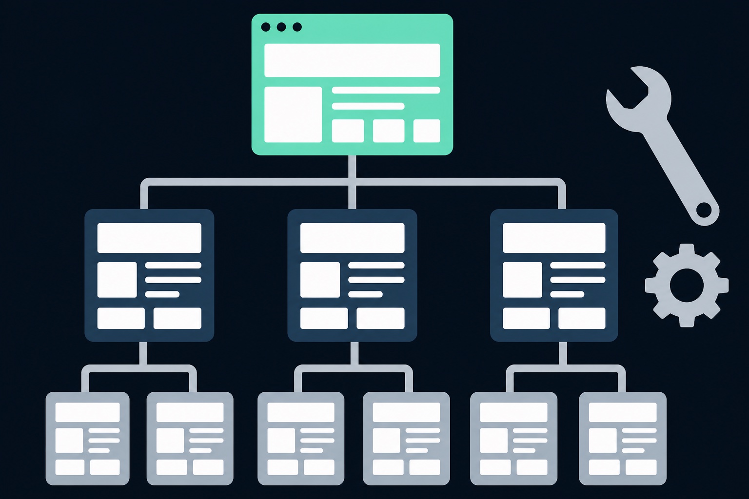 Illustration: a site map of pages branching from a homepage, with a wrench and gear alongside